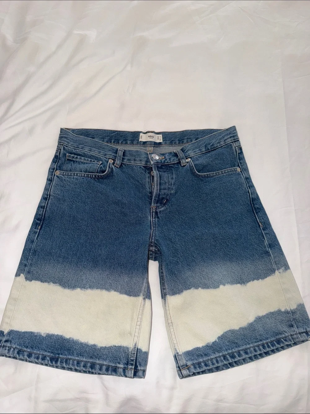 1108107 NWOT Mango Tie-Dye Bleach Long Bermuda Denim Jorts USA 6 100% Cotton